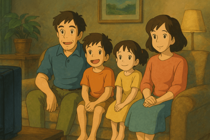 揃って映画を観る家族